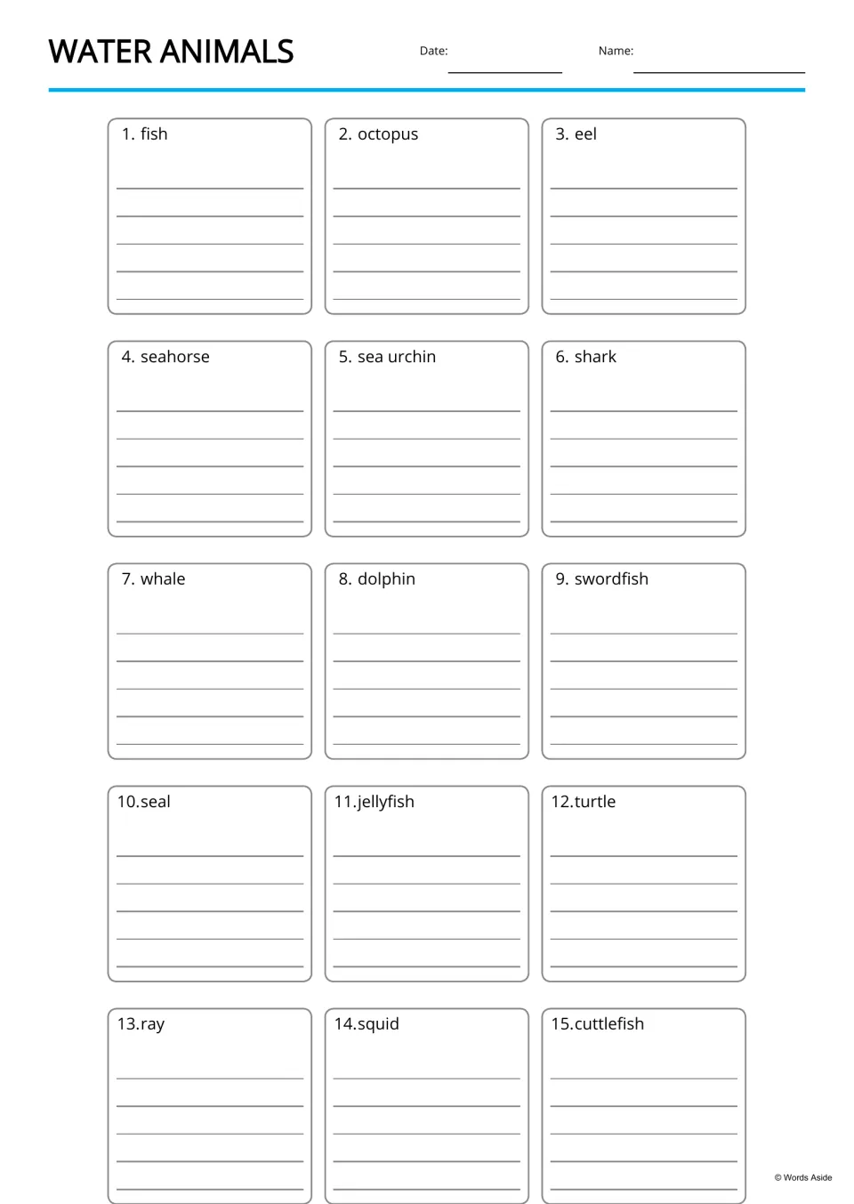 Water animals copywork: students copy each of 15 animal names, fish through cuttlefish, practising handwriting and spelling