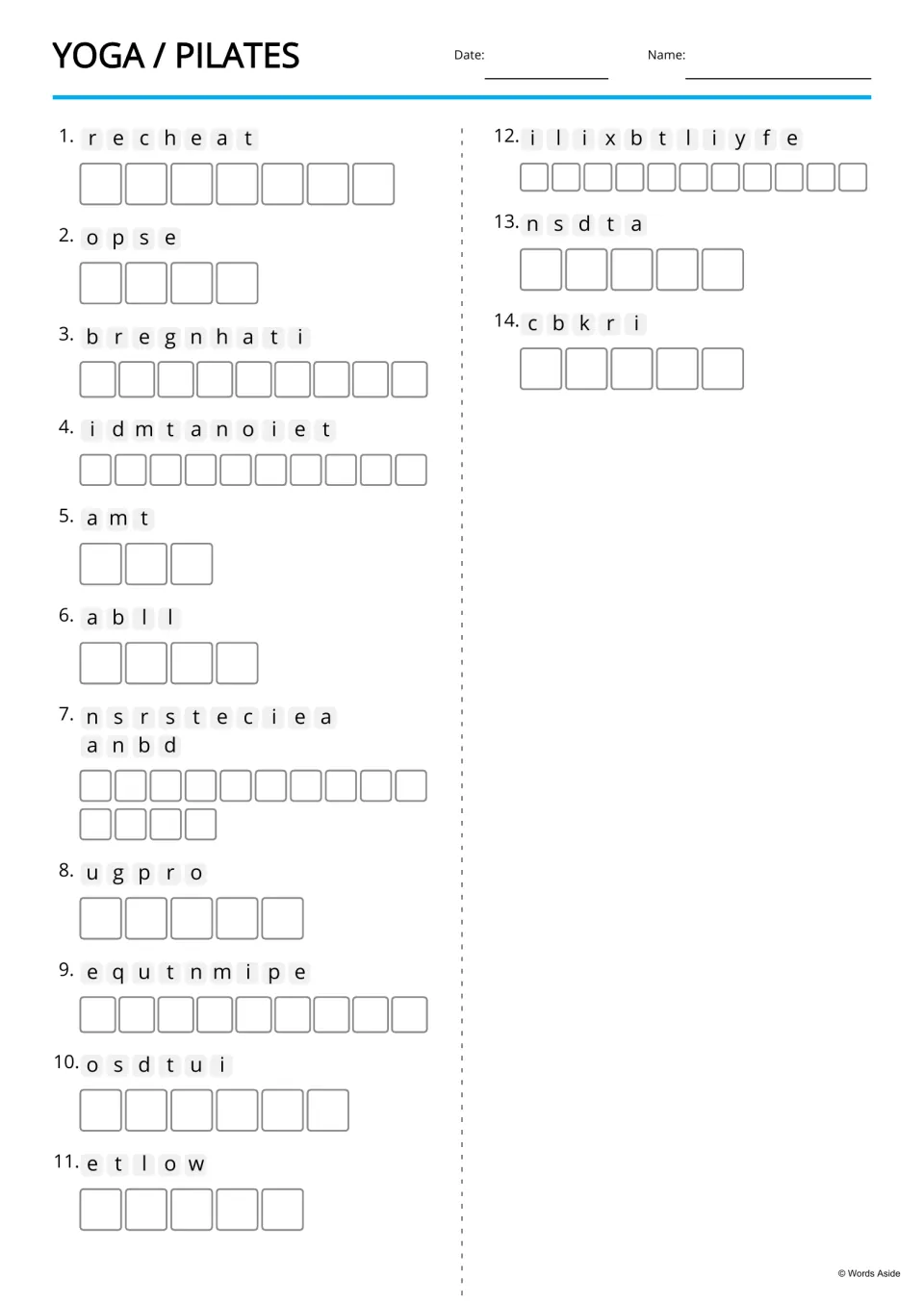 Yoga and Pilates anagrams: students unscramble 14 words such as recheat, opse and cbkri, writing one letter per space