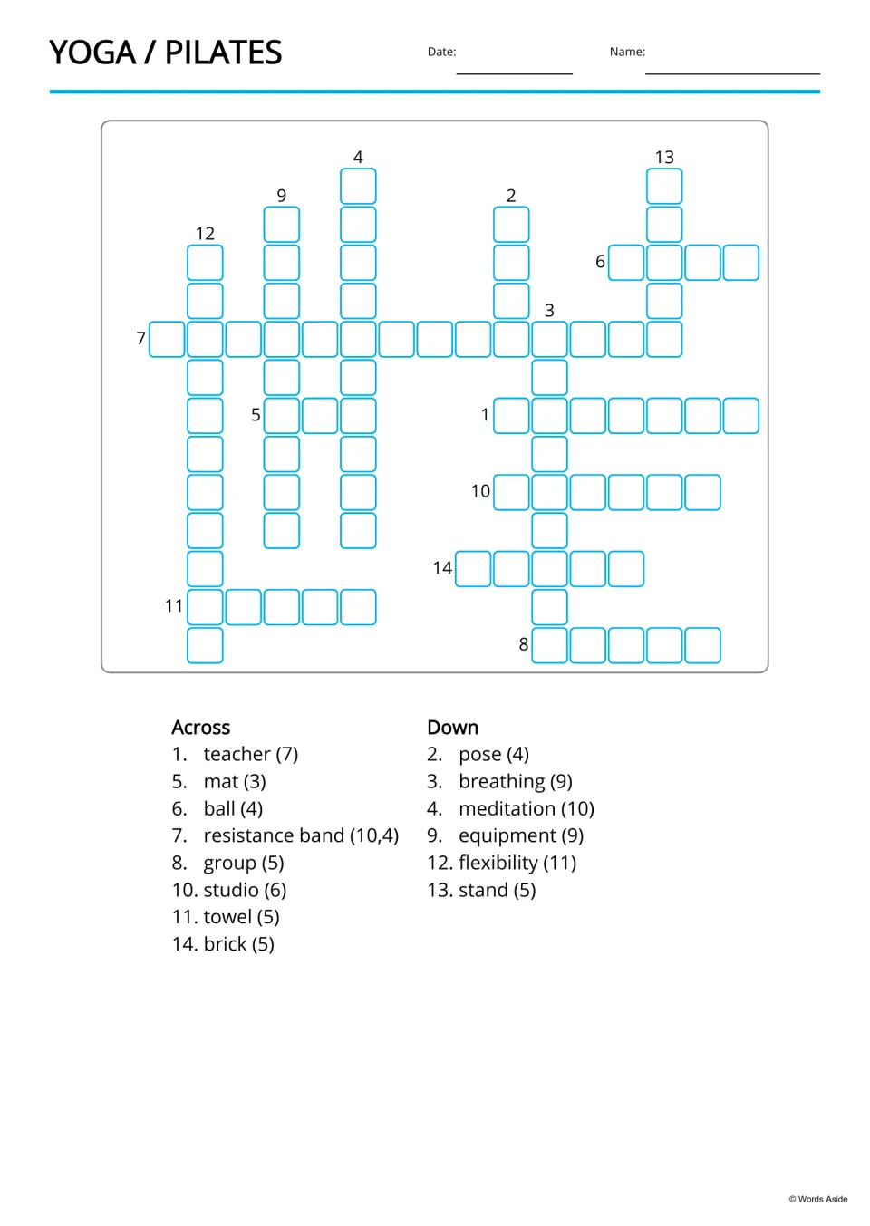 Yoga and Pilates crossword: students fill in 14 words from Across and Down clue lists, e.g. teacher (7), meditation (10)