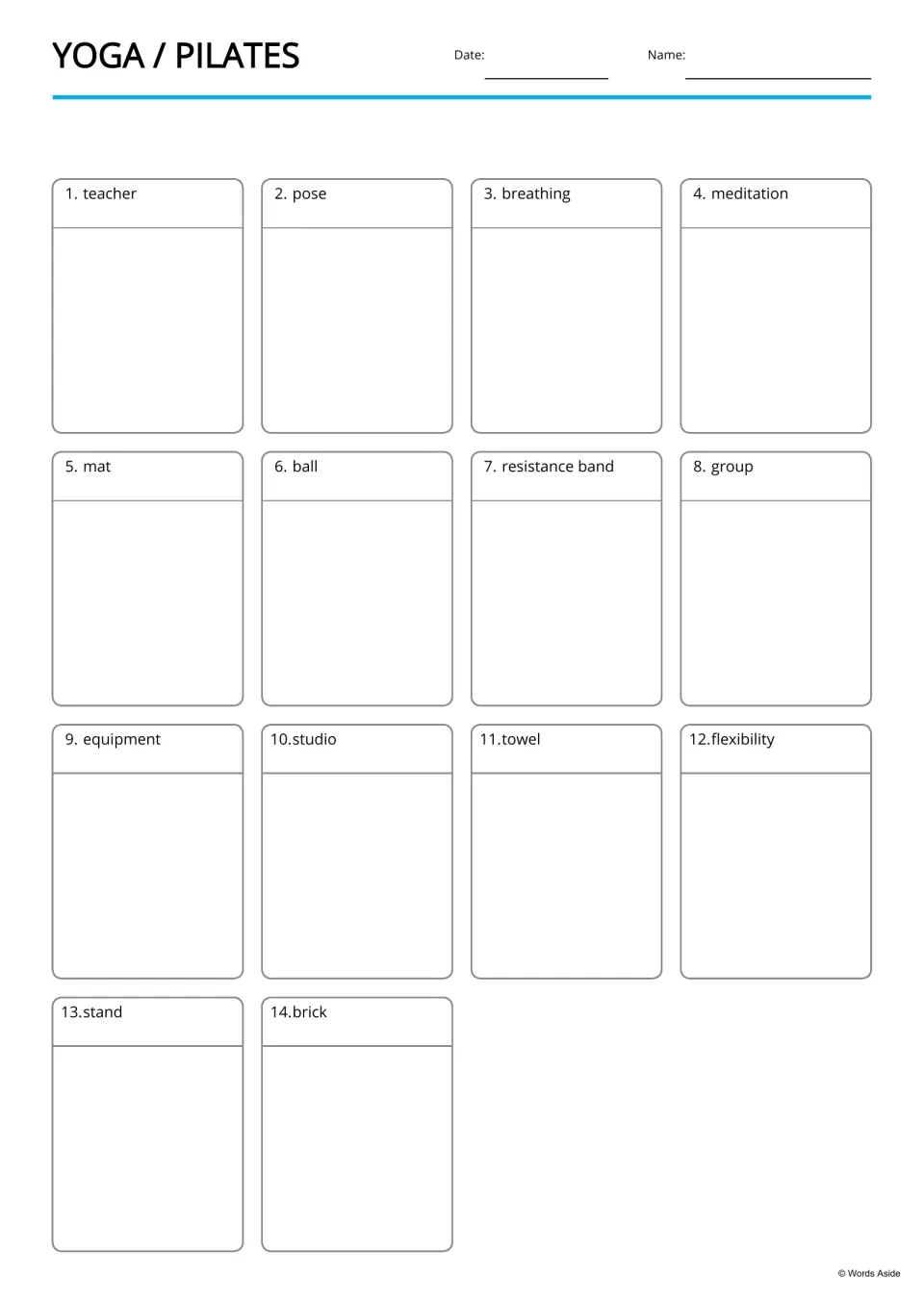 Yoga vocabulary frames: 14 labeled blank spaces for words like teacher, pose, breathing, mat and resistance band