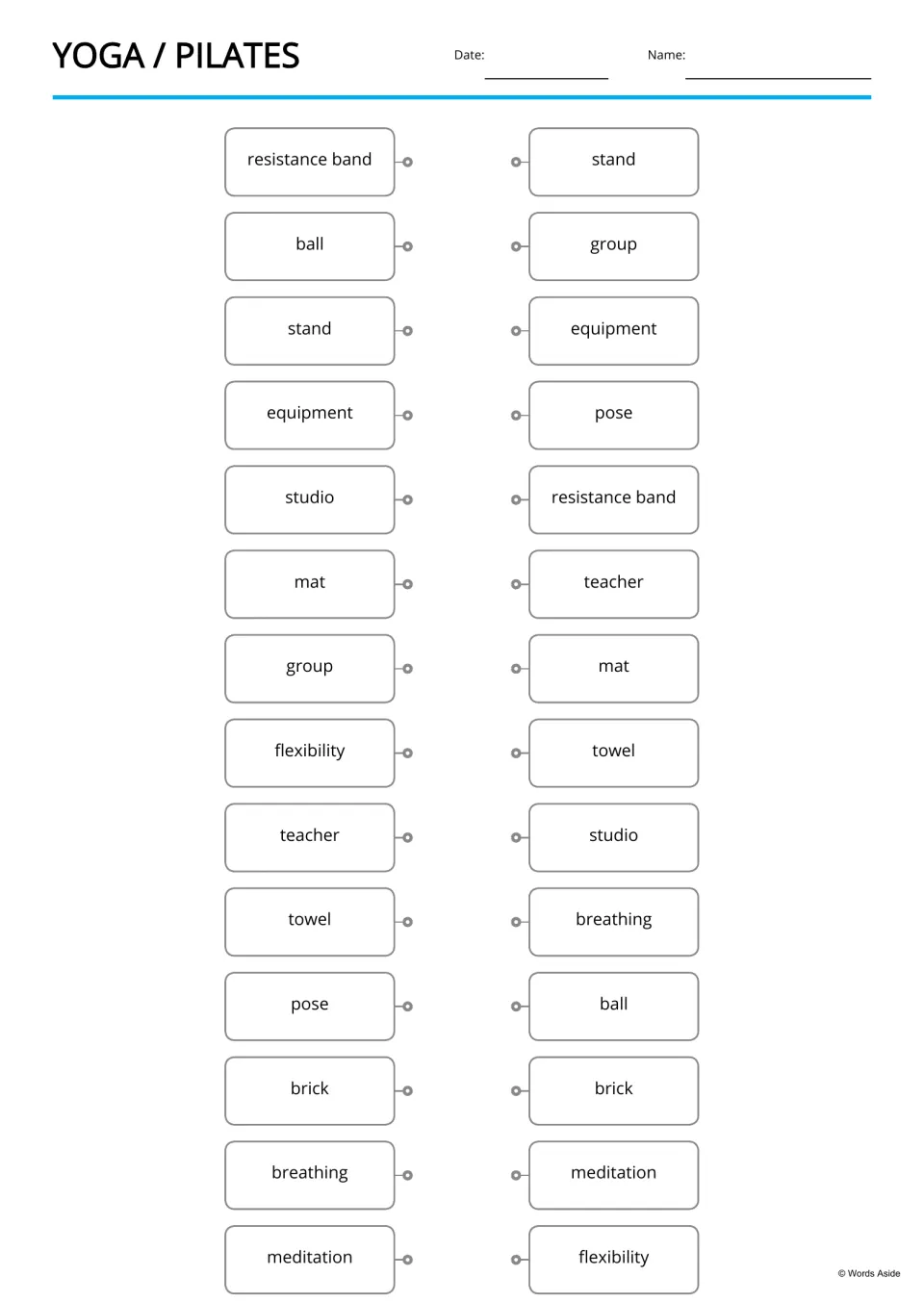 Yoga word matching: students join each of 14 words, like stand or towel, to the identical word in a shuffled second list