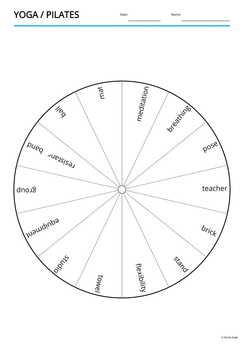 Yoga and Pilates word wheel: 14 vocabulary words, from mat and ball to flexibility and meditation, set around a circle