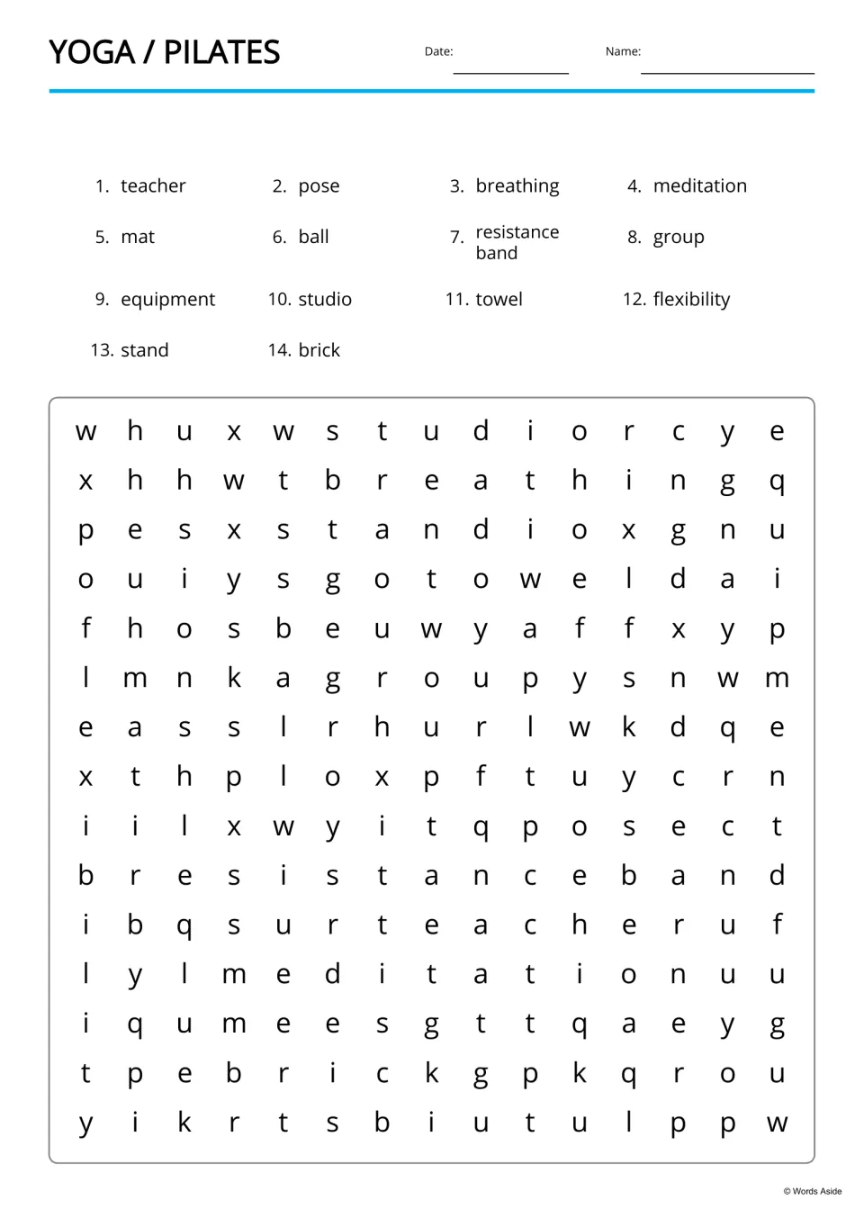 Yoga and Pilates word search: students find 14 words, including studio, breathing and resistance band, in a letter grid