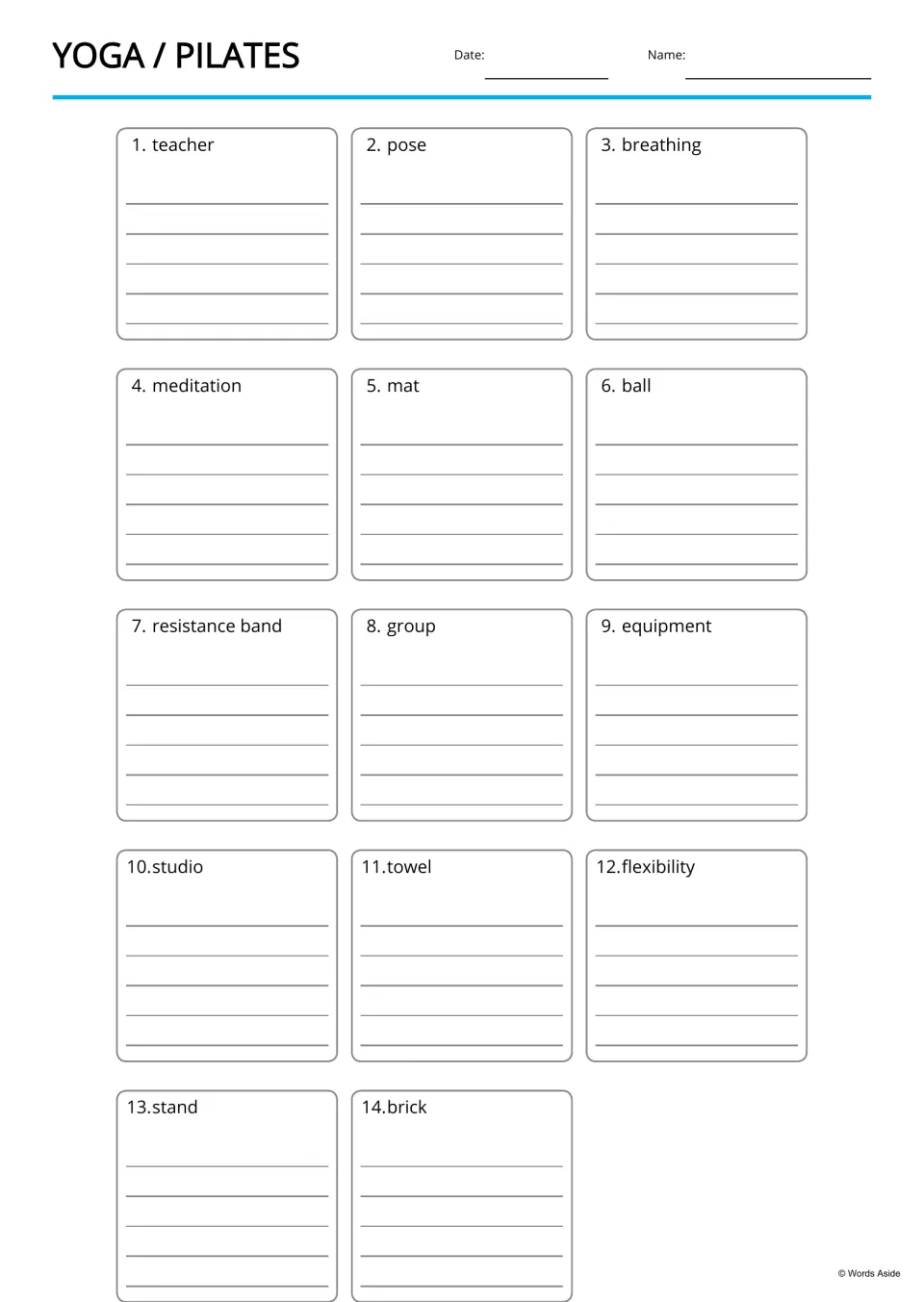Copywork for yoga words: students copy 14 words, such as meditation, equipment and flexibility, on five lines each