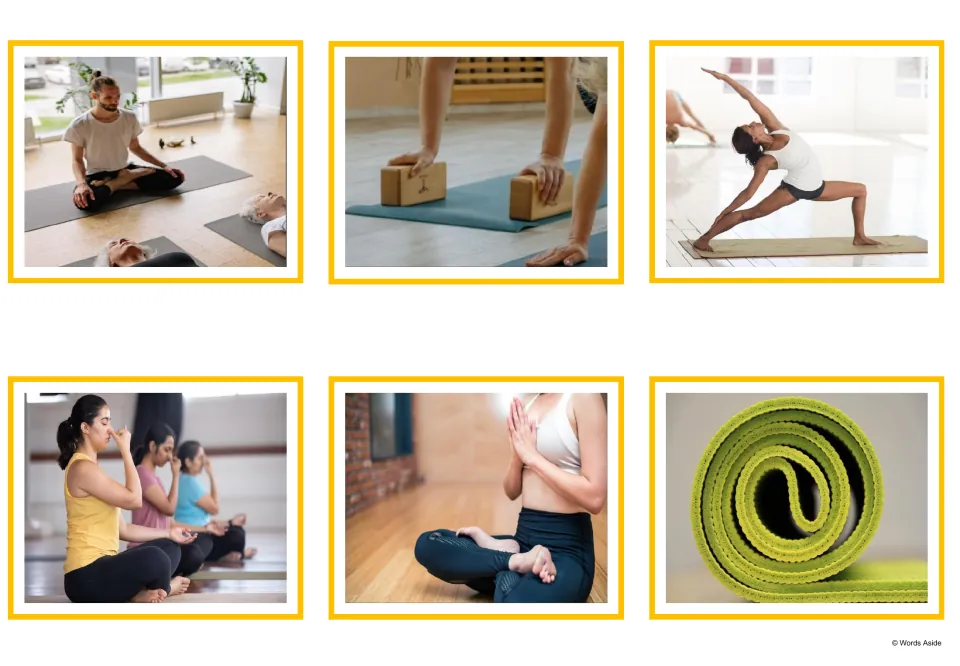 Yoga photos: a teacher with a class, hands on bricks, a lunge pose, breathing practice, meditation and a rolled mat