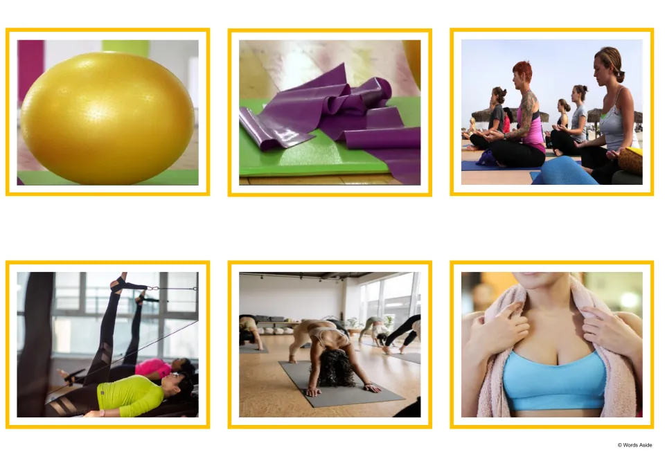 Pilates photos: an exercise ball, a resistance band, a seated group, a reformer machine, a studio class and a towel