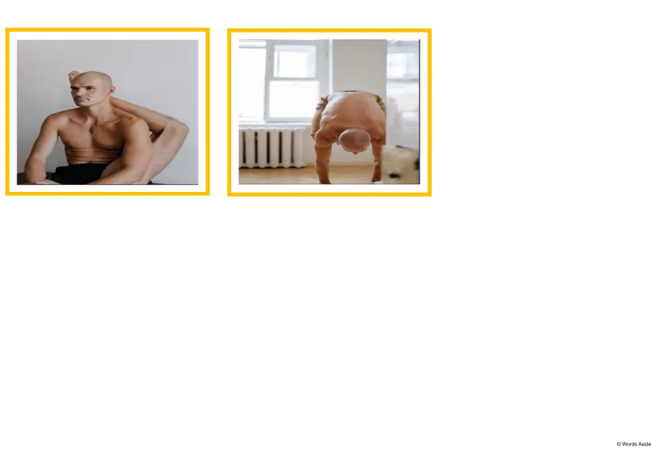 Final two photo cards: a man holding a flexible leg-behind-shoulder stretch and a man standing in a forward fold