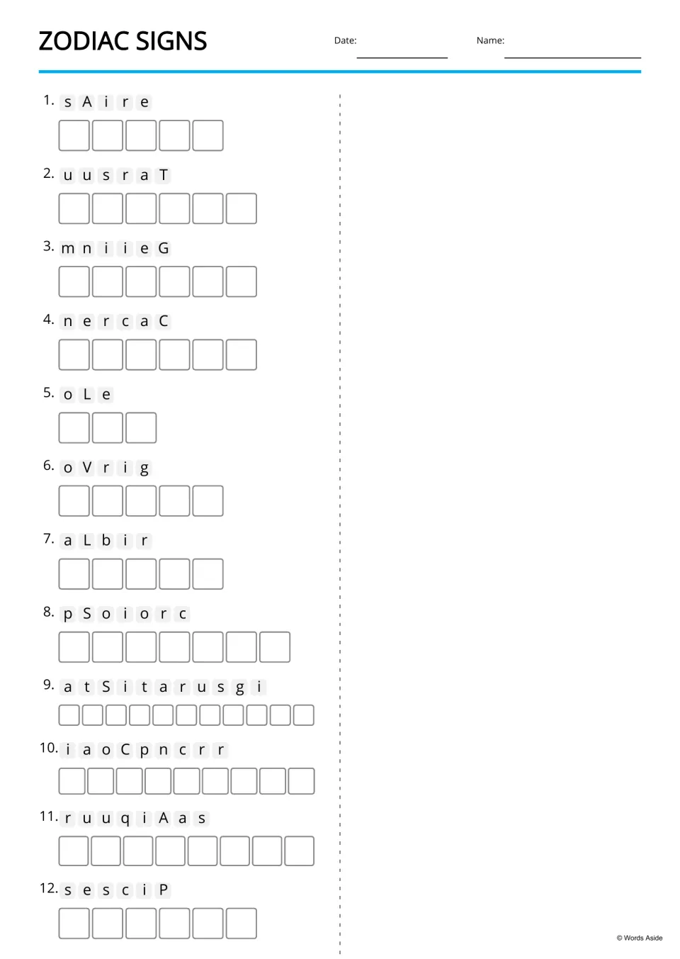 Zodiac signs anagrams: students unscramble 12 jumbled sign names, such as sAire and uusraT, spelling one letter per space