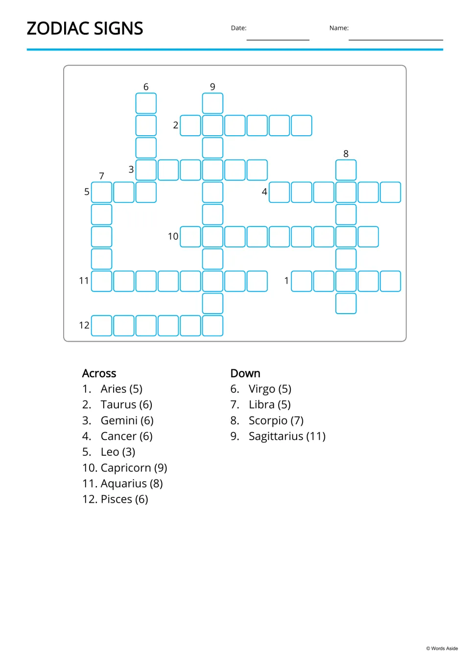 Zodiac signs crossword: students fill in Aries, Taurus, Leo, Sagittarius and the other signs using clues with letter counts