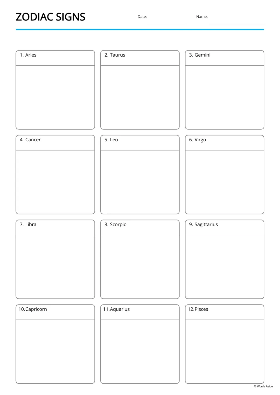 Zodiac signs drawing page: 12 numbered spaces labeled Aries through Pisces for students to draw or illustrate each sign