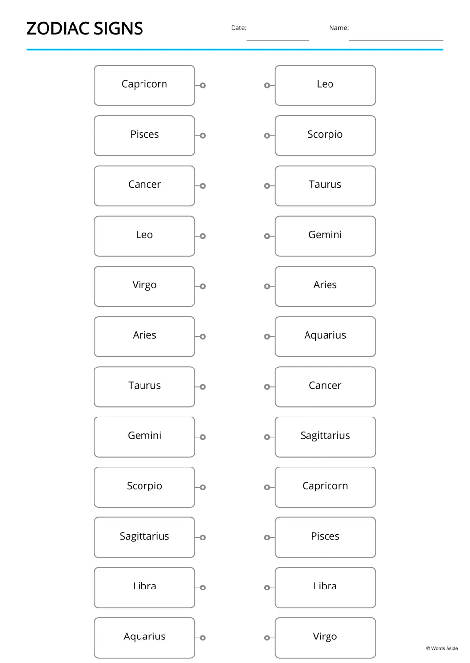 Zodiac signs matching: students join each sign name on the left, like Capricorn, to the same name in the mixed right list