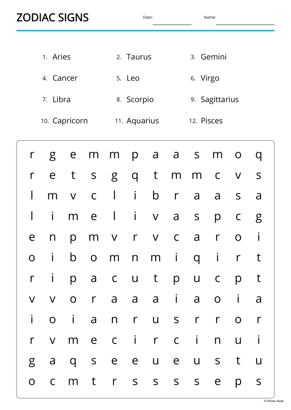 Zodiac signs word search: students find all 12 sign names, from Aries to Pisces, hidden in a 12 by 12 letter puzzle