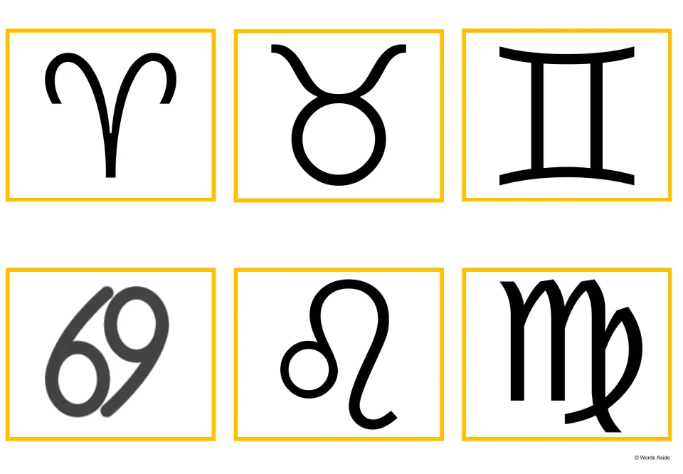 Zodiac symbol cards for Aries, Taurus, Gemini, Cancer, Leo and Virgo, one large glyph on each card to cut out