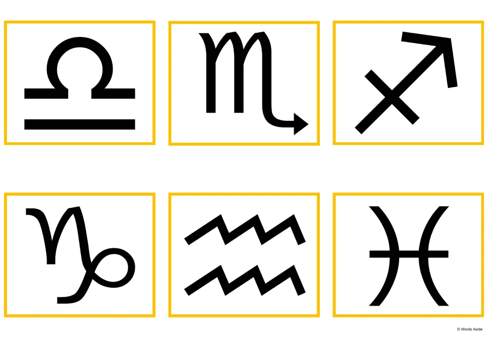 Zodiac symbol cards for Libra, Scorpio, Sagittarius, Capricorn, Aquarius and Pisces, each showing one large glyph