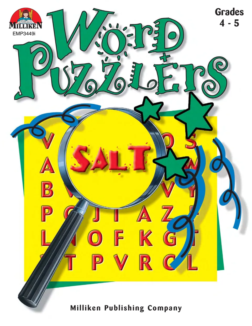 Word Puzzlers cover for grades 4–5 from Milliken, showing a magnifying glass over a letter grid with the word SALT