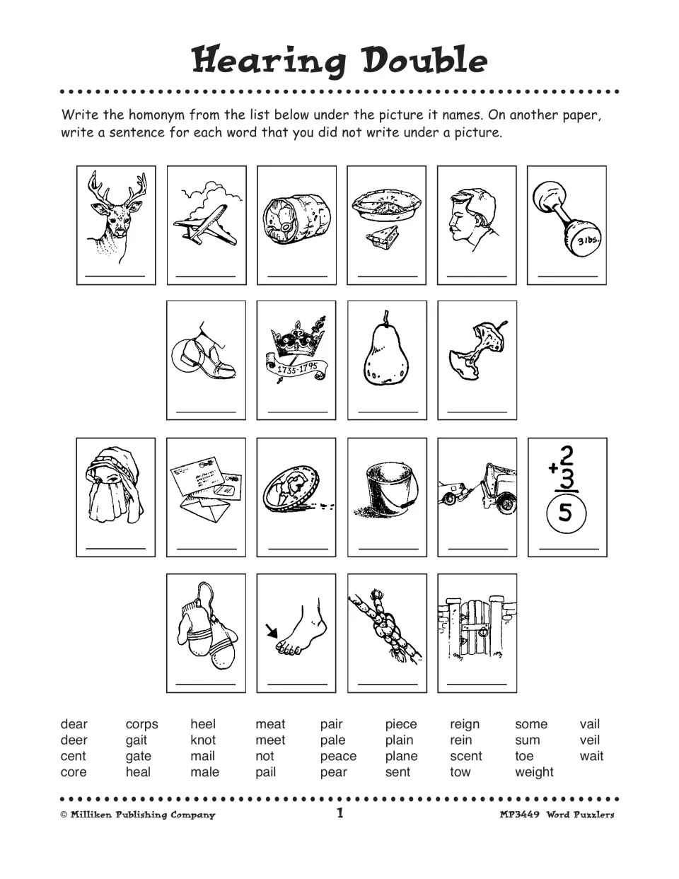 Hearing Double: write the homonym under each of 20 pictures, such as deer, plane and pear, from a word list