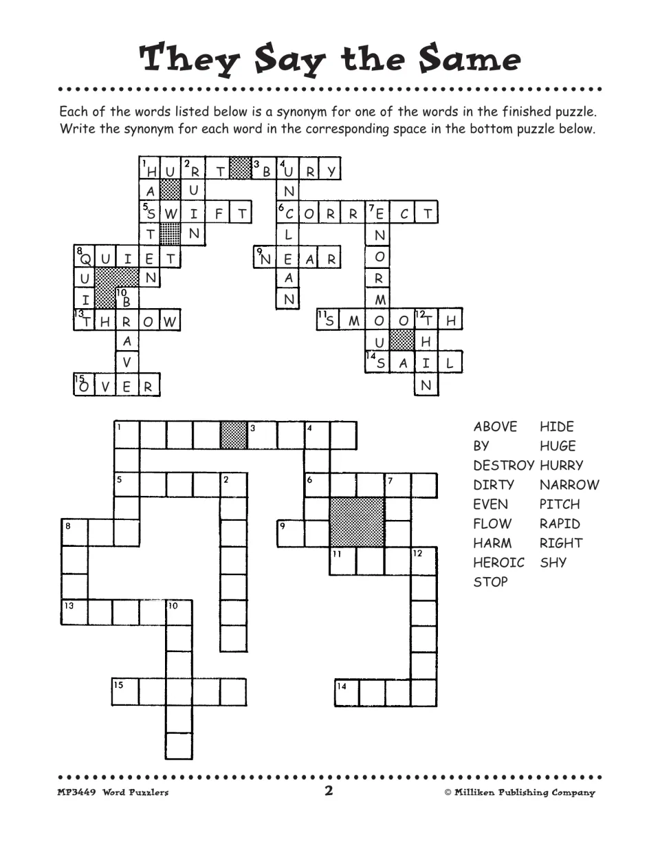 They Say the Same: synonym crossword using words like ABOVE, HIDE and RAPID to match a finished puzzle