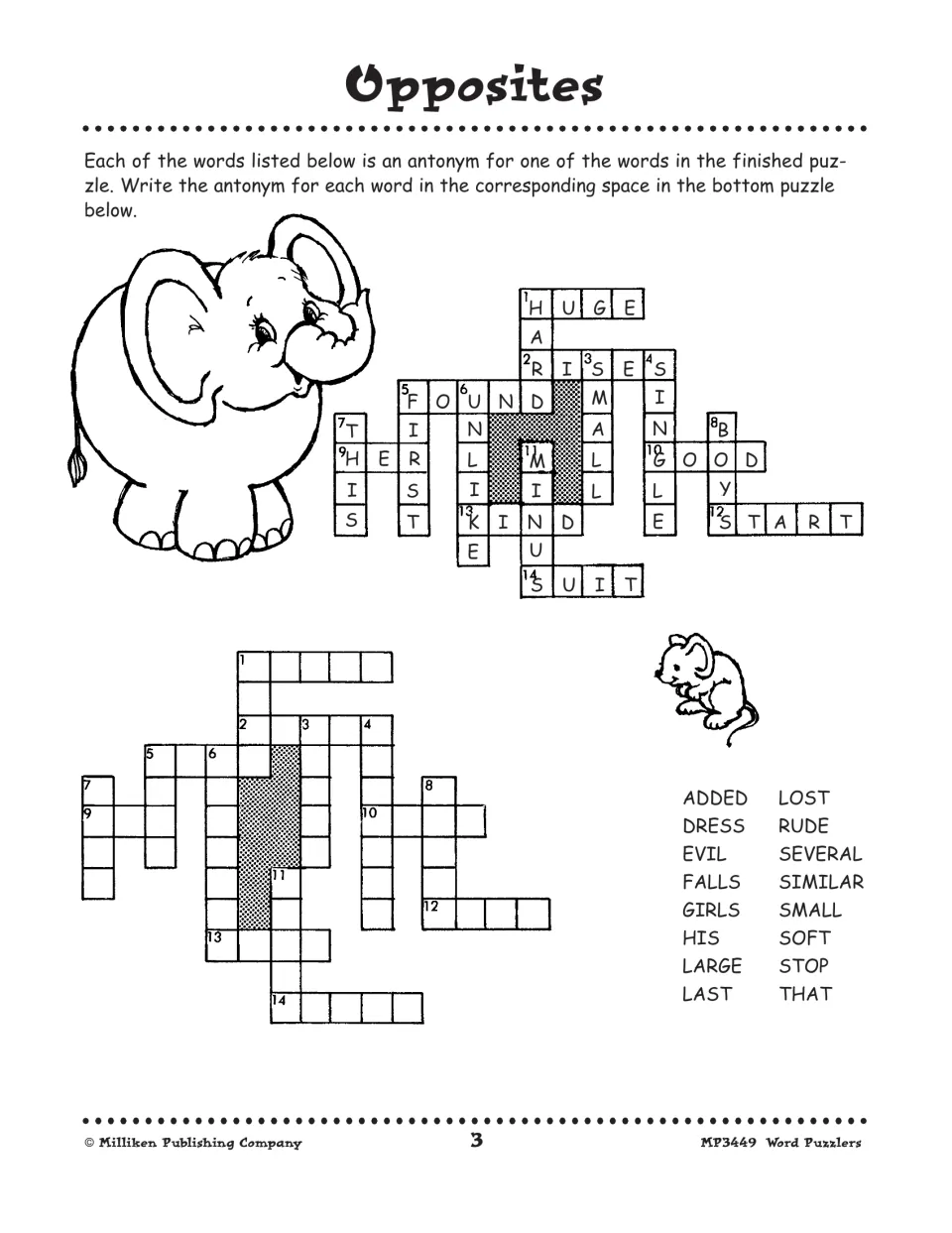 Opposites: antonym crossword with words like SMALL, EVIL and STOP to pair with a finished puzzle above it
