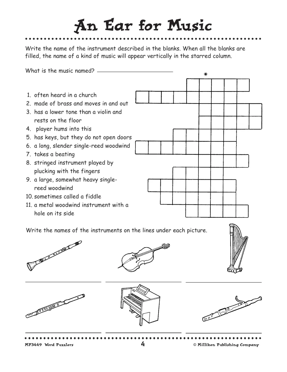 An Ear for Music: 11 instrument clues spelling a kind of music, plus naming six pictured instruments such as harp