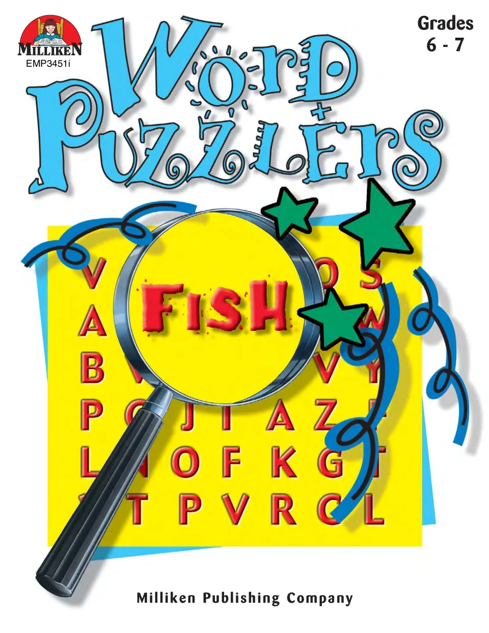 Word Puzzlers cover for grades 6–7: a magnifying glass over a letter grid that highlights the word FISH