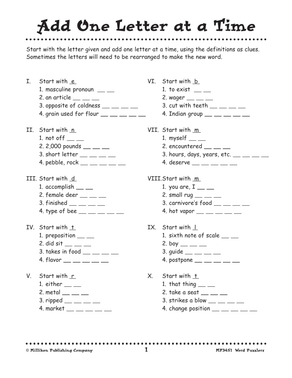 Puzzle page 1, Add One Letter at a Time: build words from a starting letter using clues like 'masculine pronoun'