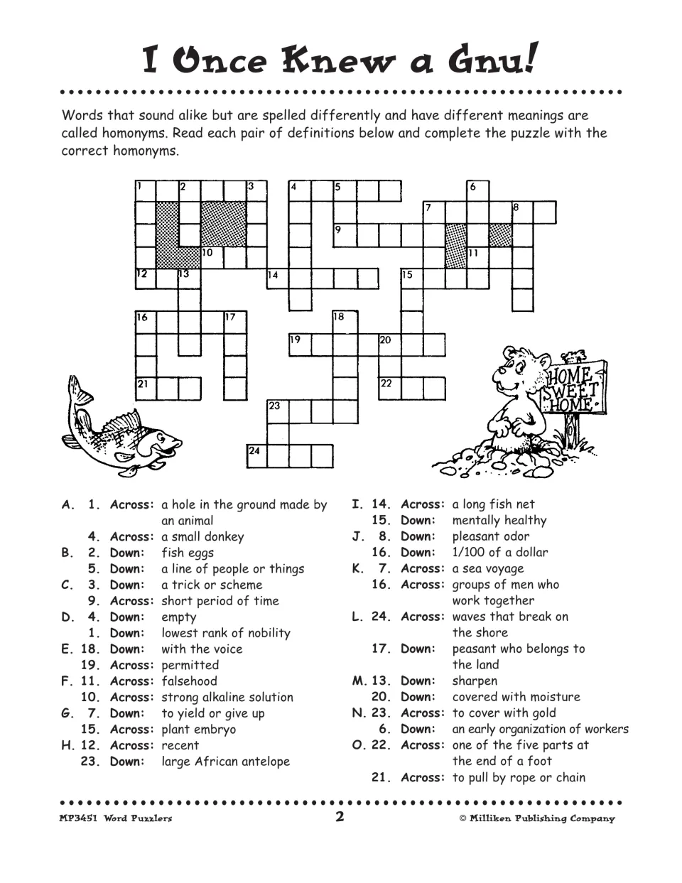 Puzzle page 2, I Once Knew a Gnu!: homonym crossword with paired clues such as 'fish eggs' and 'a line of people'