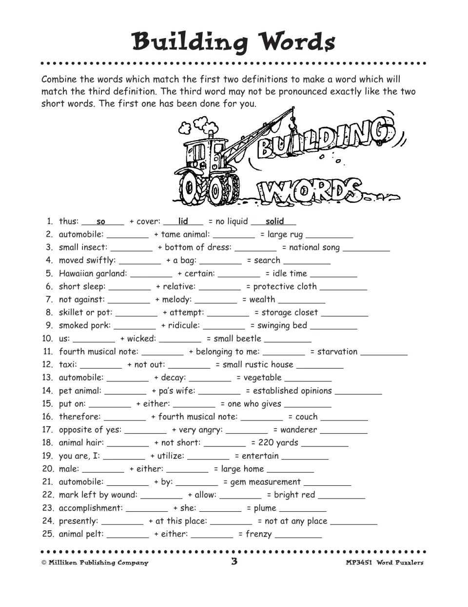 Puzzle page 3, Building Words: 25 clue sets that join two short words into a third, as in so + lid = solid