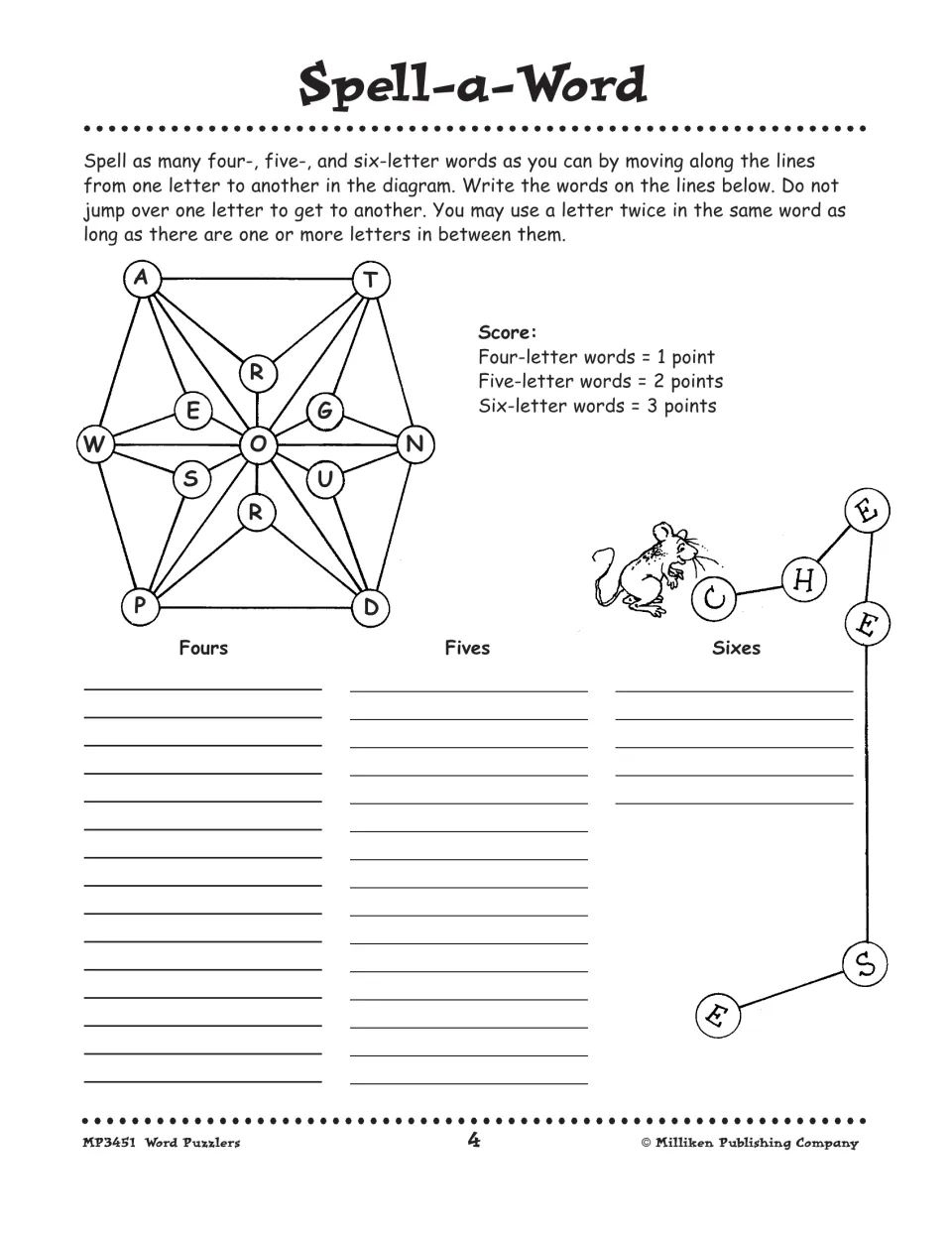 Puzzle page 4, Spell-a-Word: make four-, five- and six-letter words by tracing paths on a letter diagram