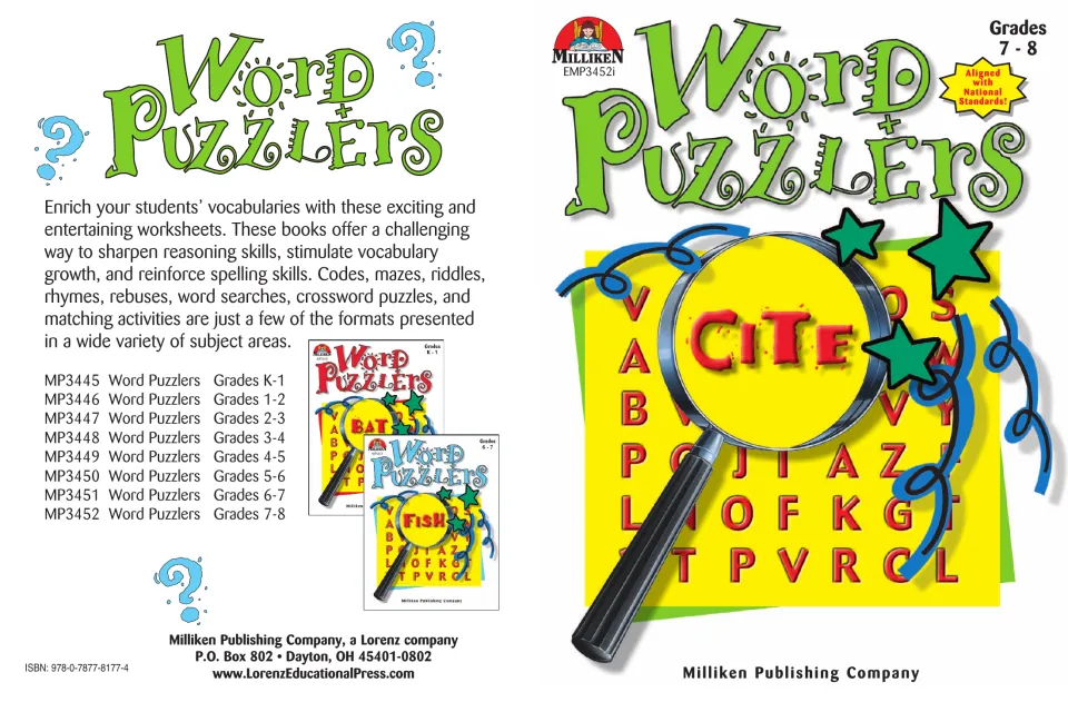 Word Puzzlers cover, front and back, with a magnifying glass over the word CITE in a word search letter grid