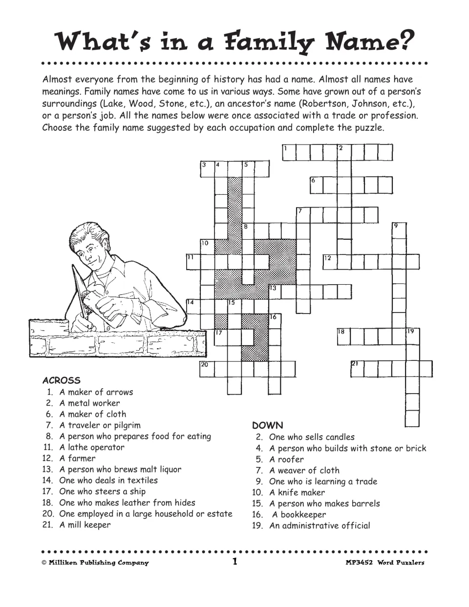 What's in a Family Name? crossword: write surnames that come from trades, such as a maker of arrows or a roofer