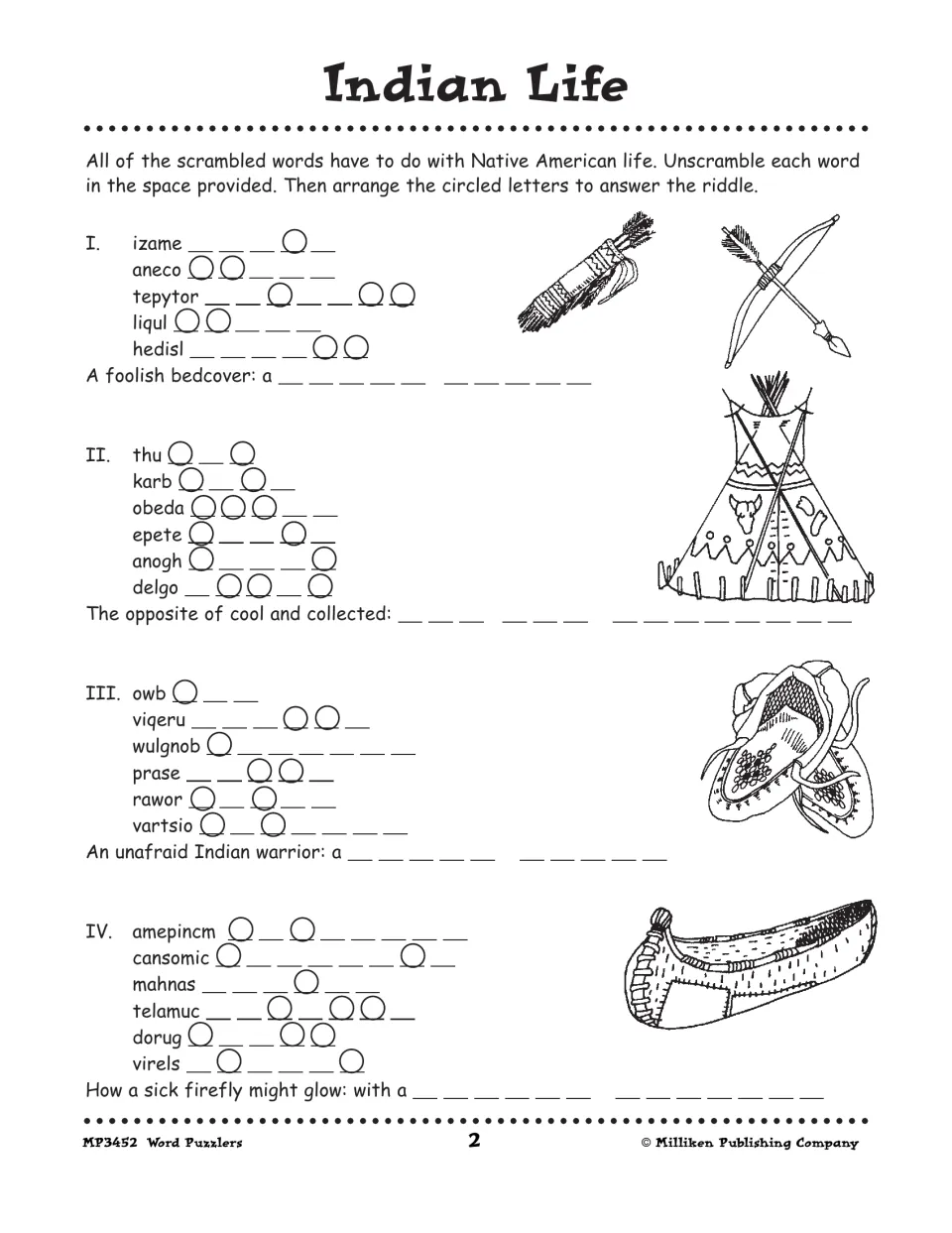 Indian Life scramble: unscramble Native American words like izame and tepytor, then solve four riddles