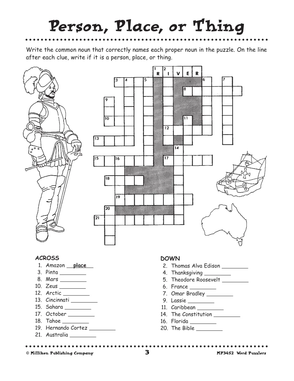 Person, Place, or Thing crossword: name the common noun for proper nouns like Amazon (river), Pinta and Zeus