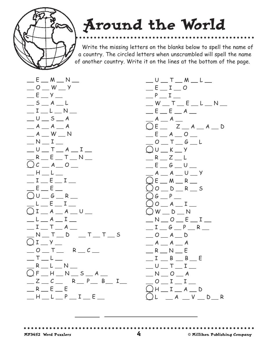Around the World: fill in missing letters to spell countries, then unscramble circled letters into another country