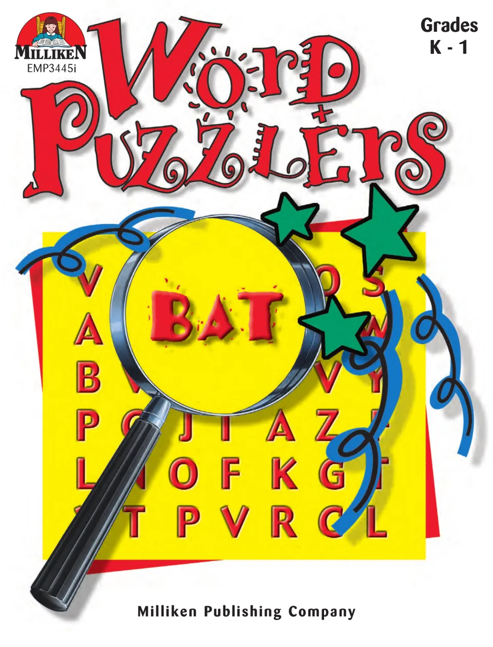 Word Puzzlers cover for grades K–1 from Milliken, showing a word search with the word BAT under a magnifying glass