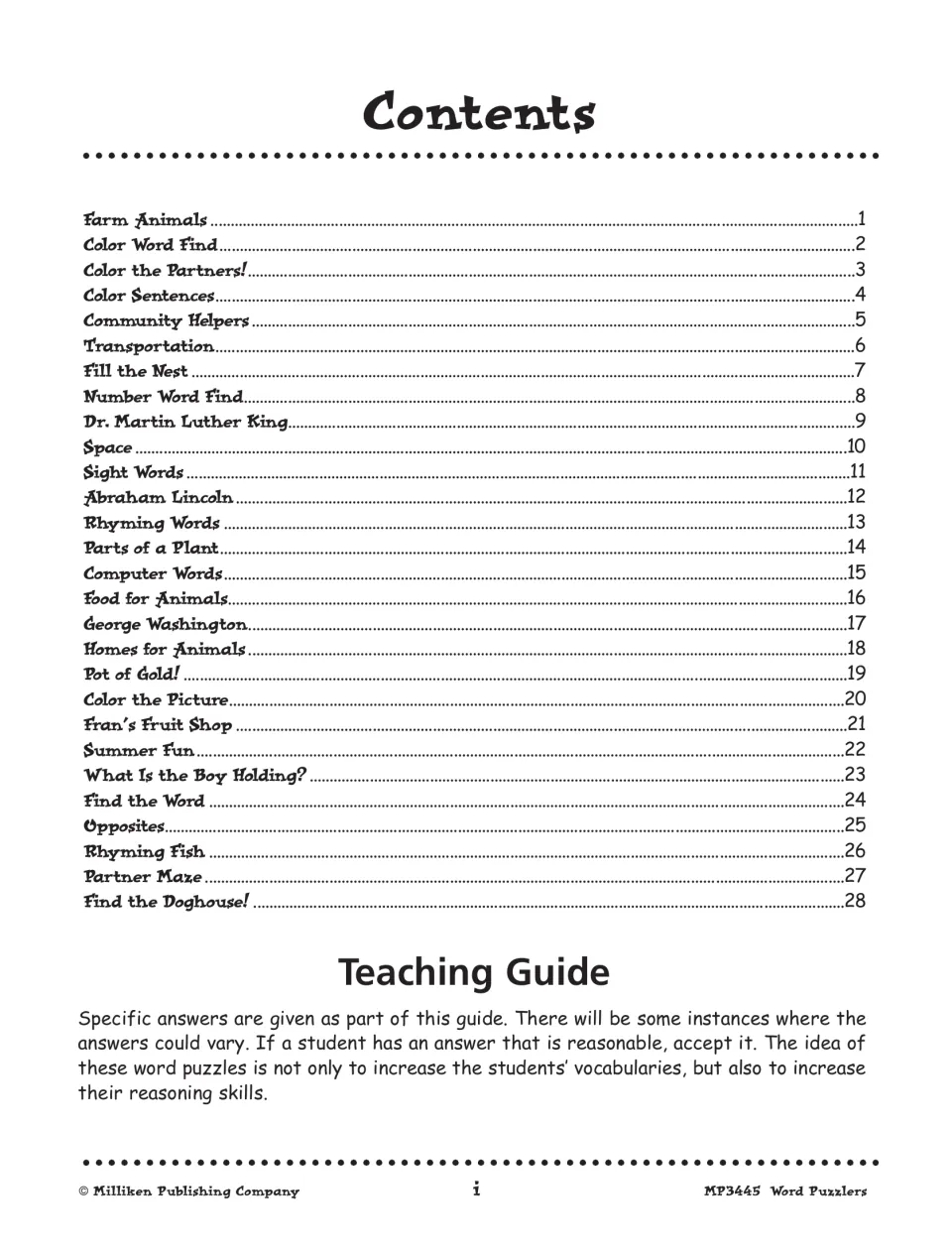 Contents listing the 28 puzzles from Farm Animals to Find the Doghouse!, plus a short teaching guide note
