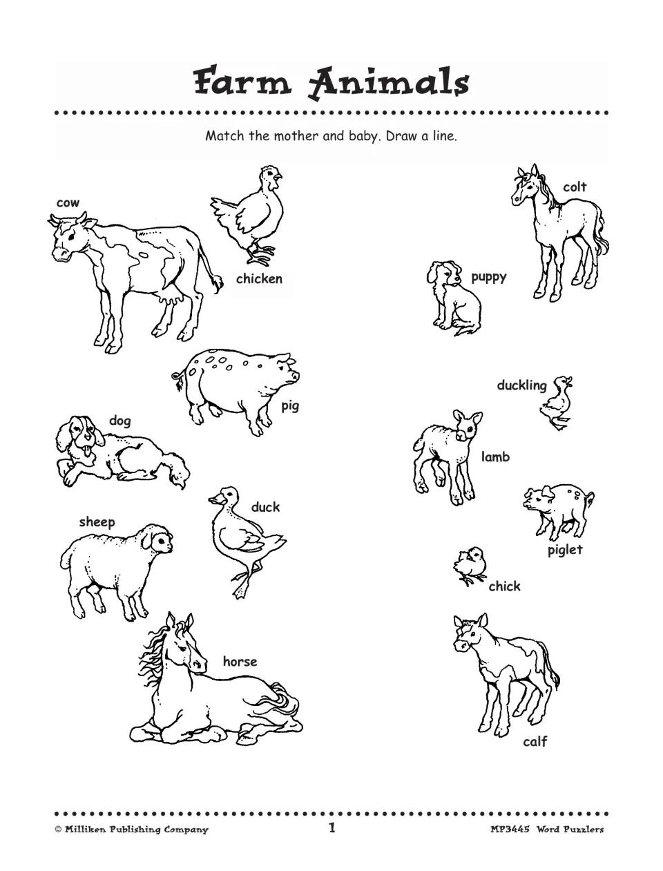Puzzle 1, Farm Animals: draw a line to match mothers to babies, such as cow to calf and sheep to lamb