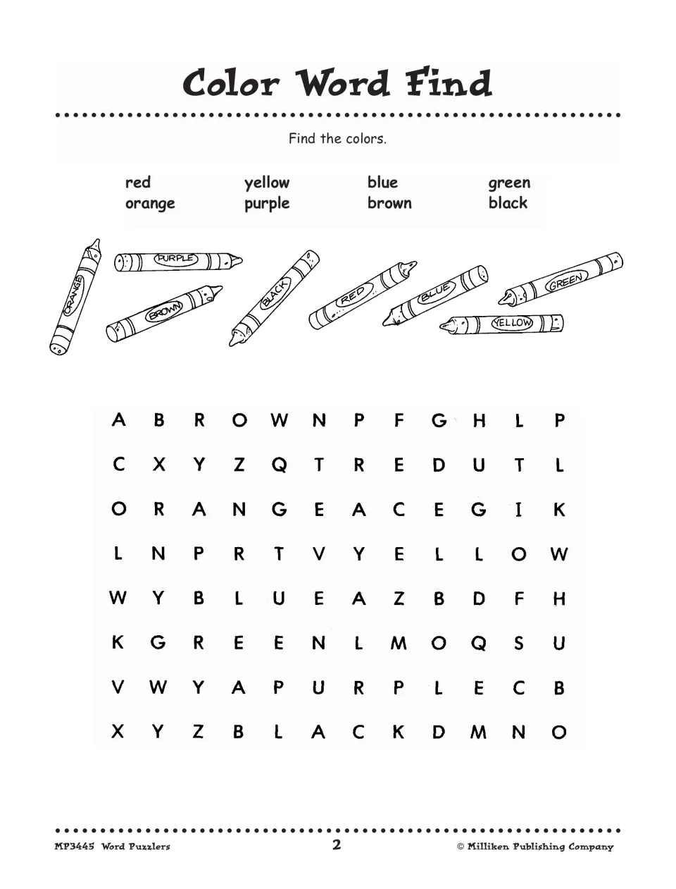 Puzzle 2, Color Word Find: a word search for red, orange, yellow, purple, blue, brown, green and black