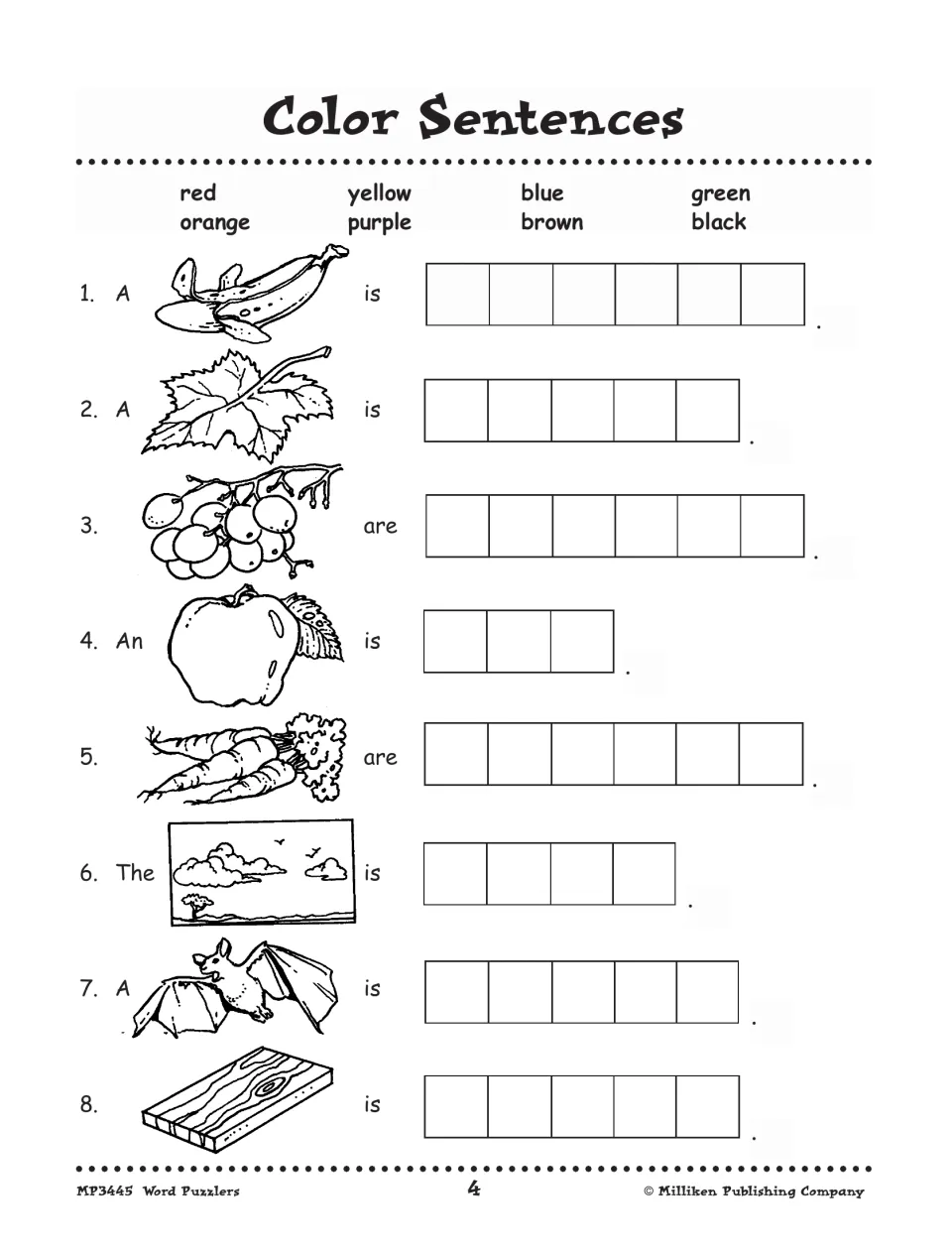 Puzzle 4, Color Sentences: write the color word for 8 pictures, such as 'A banana is ___' and 'An apple is ___'