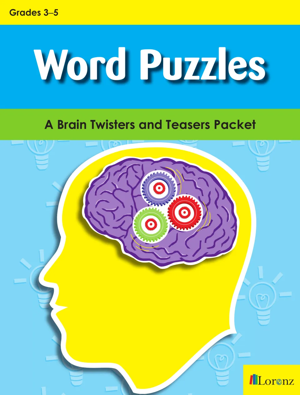 Cover of Word Puzzles: A Brain Twisters and Teasers Packet, Grades 3–5, showing a head with gears turning in its brain