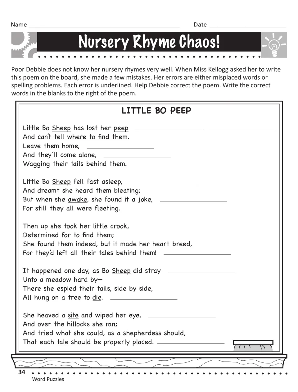 Little Bo Peep proofreading: students fix underlined misplaced and misspelled words in the poem and write corrections