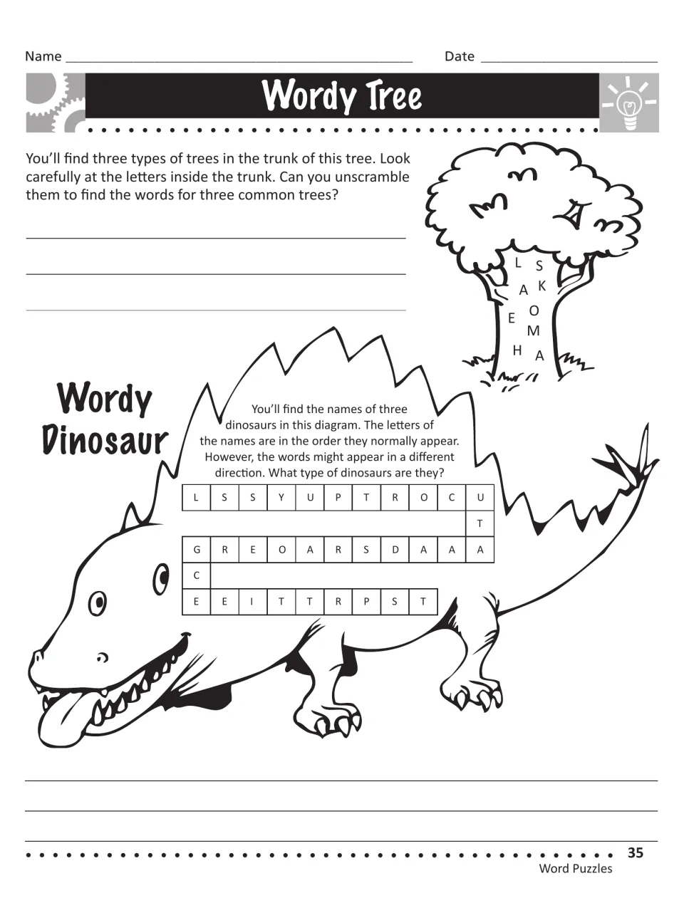 Wordy Tree and Wordy Dinosaur: students unscramble three tree names from a trunk and trace three dinosaur names