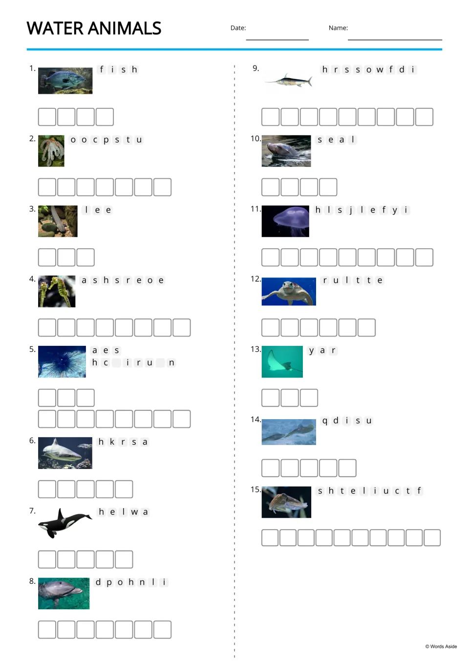 Water animals anagrams: students unscramble letters such as oocpstu and hkrsa beside 15 photos to spell each animal name