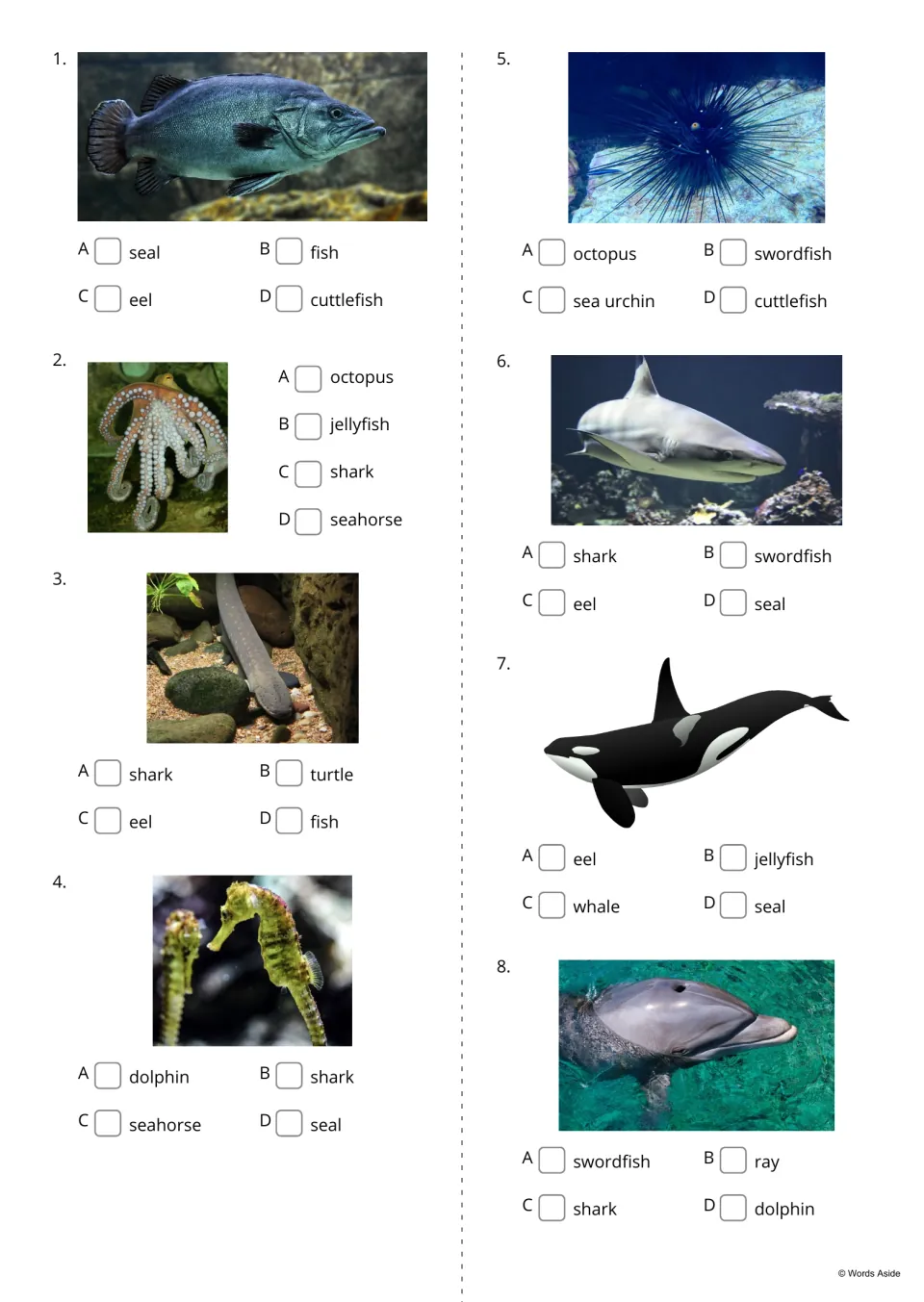 Animal photo quiz, items 1-8: students tick the correct name for each photo, from a fish and octopus to a dolphin