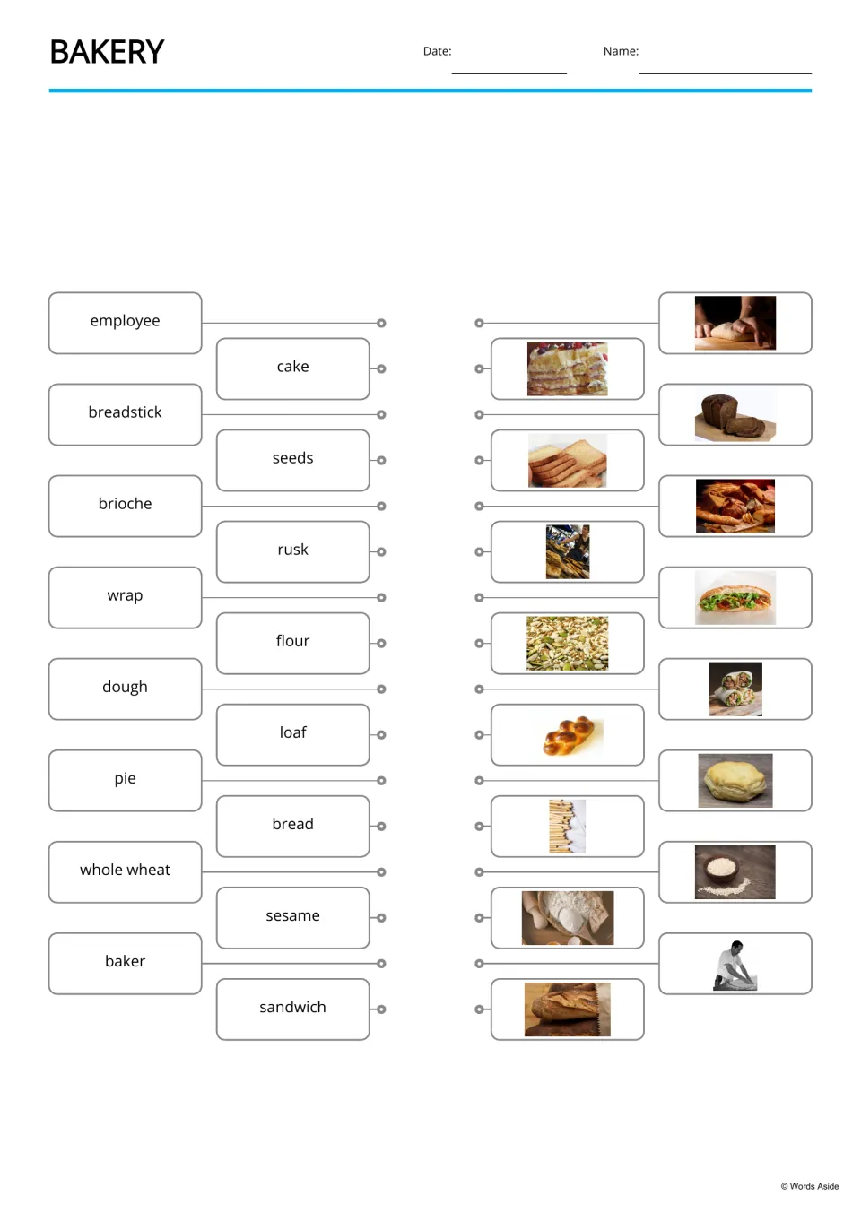 Bakery vocabulary matching: students draw lines linking 16 words like brioche, rusk and dough to the matching photos