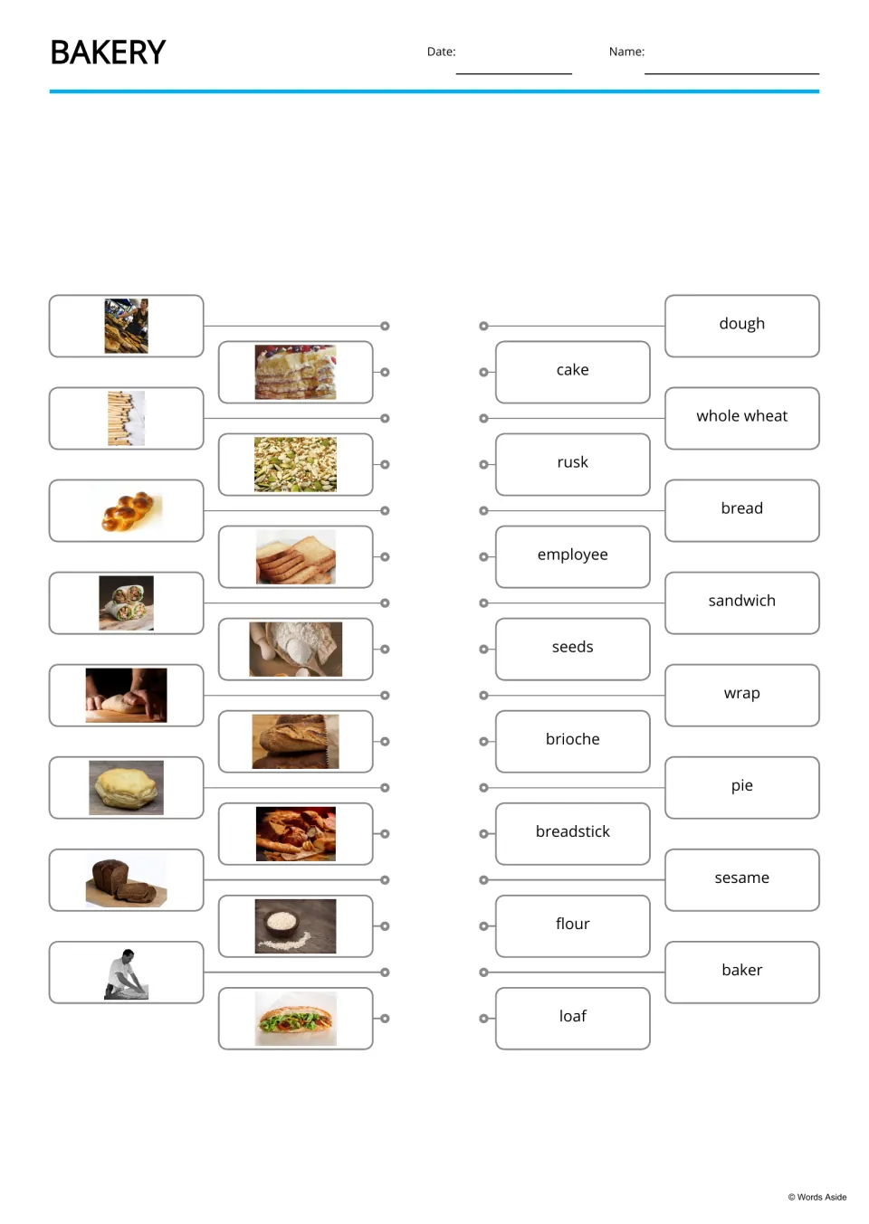 Bakery photo-to-word matching: students connect 16 bakery photos on the left to words such as dough, wrap and sesame