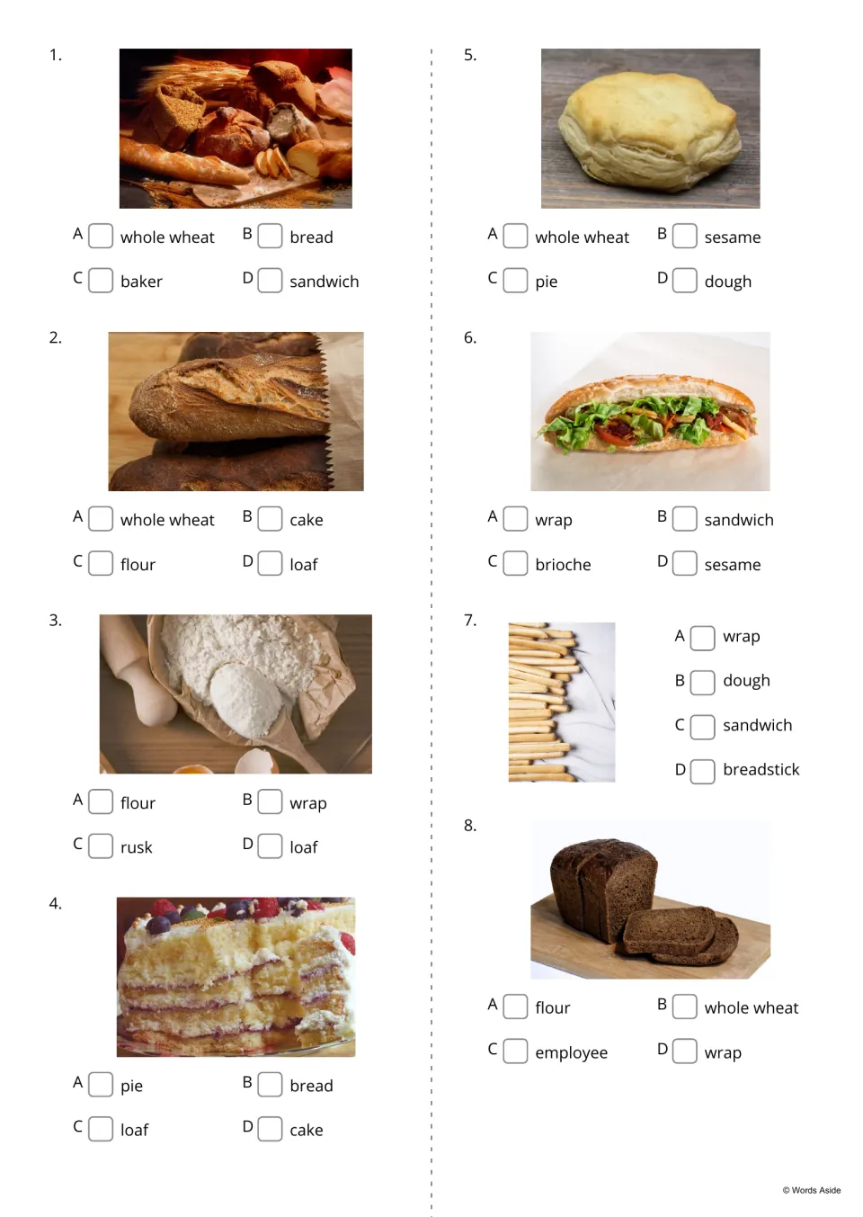 Bakery picture quiz items 1-8: students tick the word naming each photo, such as bread, loaf, flour, cake or breadstick
