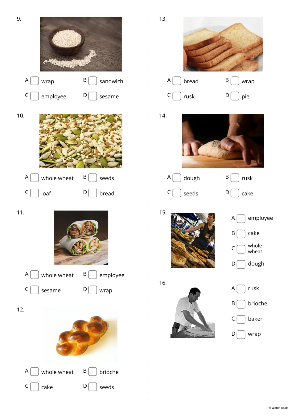 Bakery picture quiz items 9-16: students choose A-D to name photos of sesame, seeds, a wrap, brioche, rusk and a baker