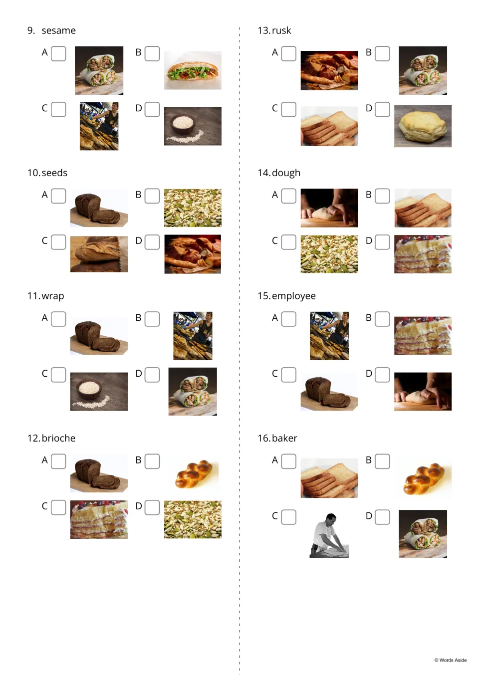 Bakery word-to-picture quiz 9-16: students read words from sesame to baker and tick the photo that shows each one