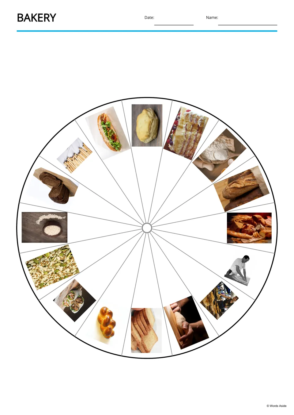 Bakery picture wheel: 16 photos arranged around a circle, including pie, cake, flour, dough, a baker and sesame seeds