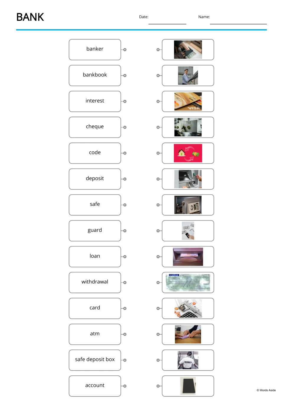 Bank word matching: students draw lines from 14 words such as banker, cheque and loan to the matching photos
